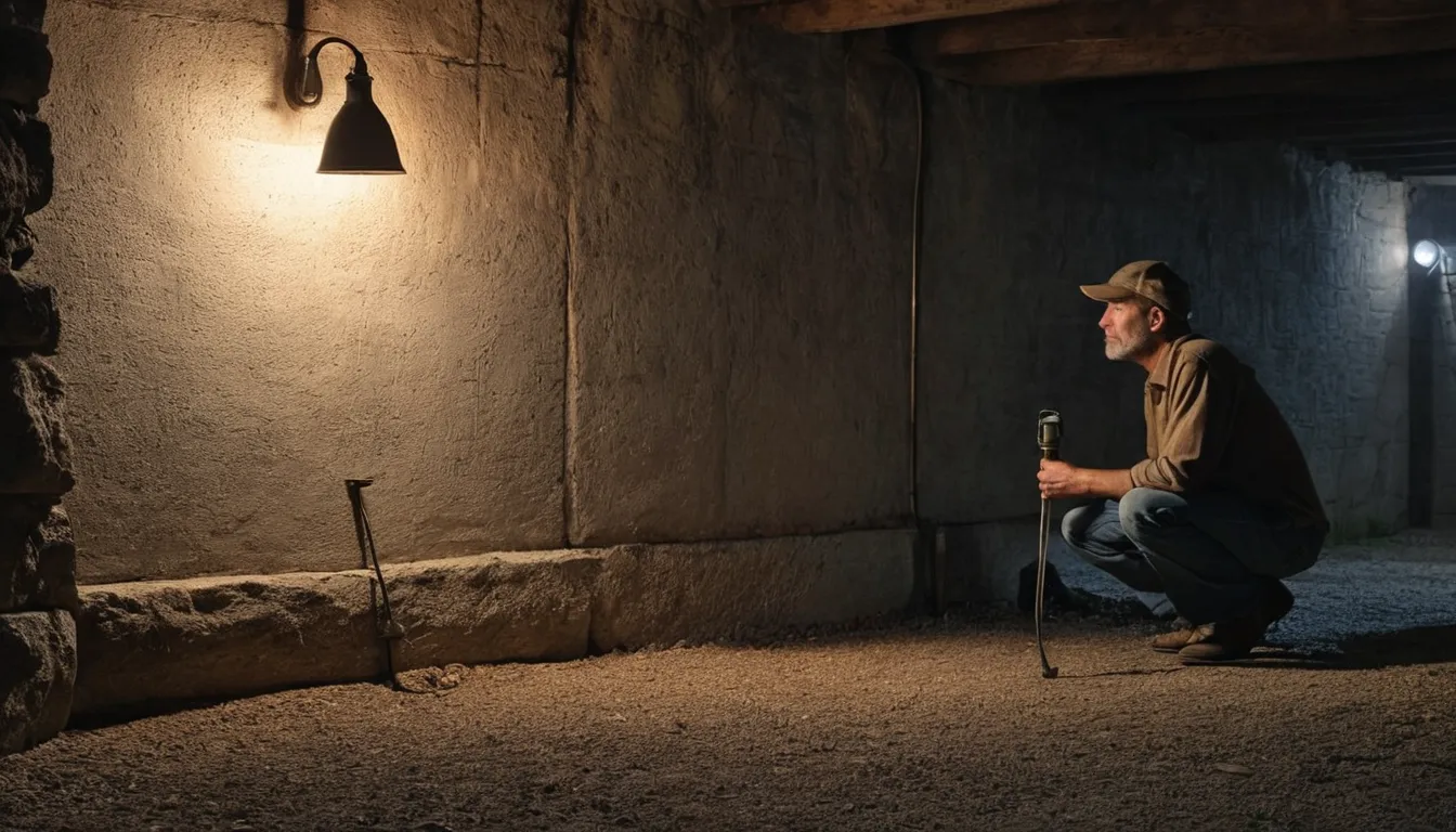 A homeowner checking the basement corner of an older house with a flashlight in the New Lenox area