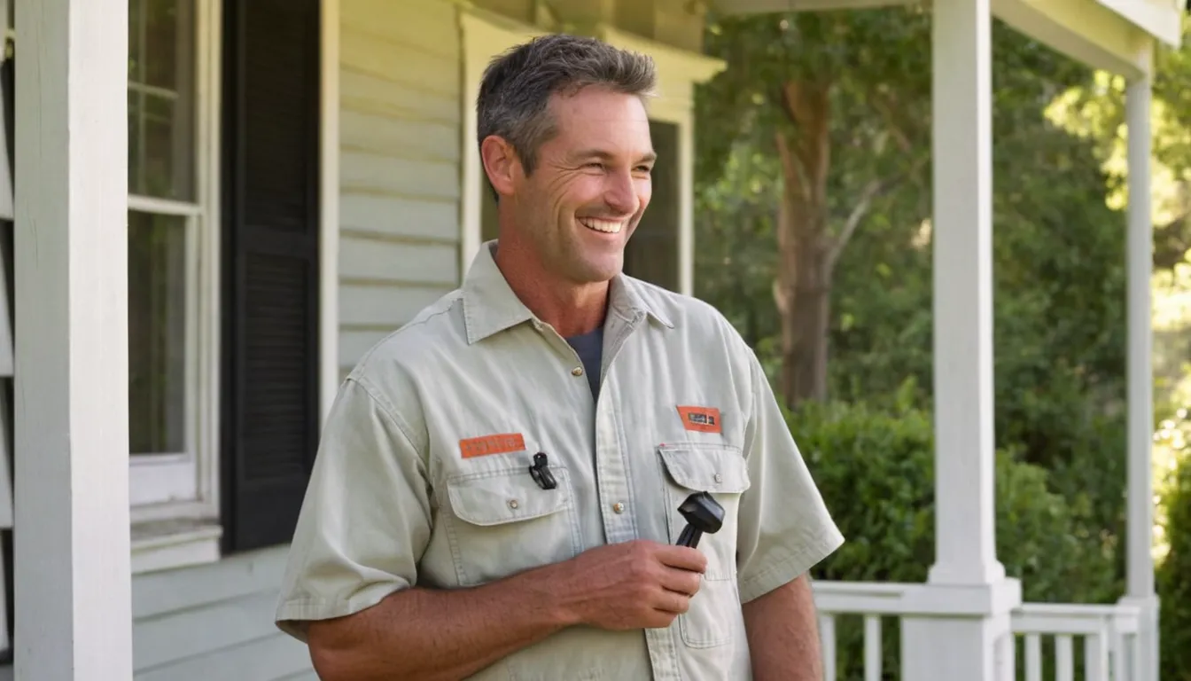 A friendly pest provider talking with a homeowner at the door of an older frame house in New Lenox